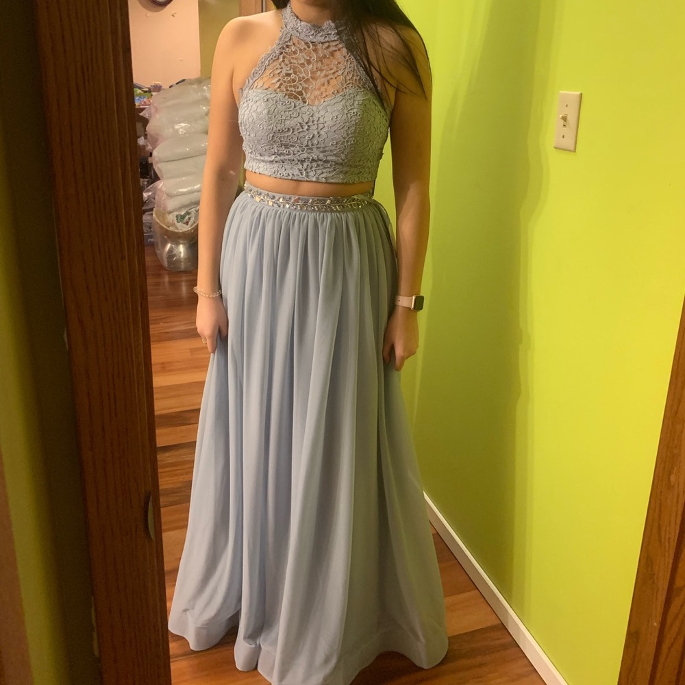 Baby blue prom dress two piece lace top high neck